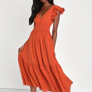 Lulus Brunch Plans Rust Orange Swiss Dot Smocked Backless Midi Dress - Size M